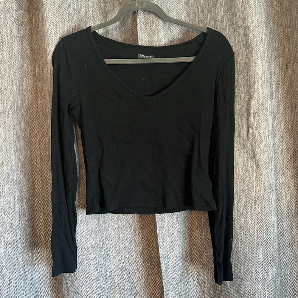 Black Cropped Long Sleeve V Neck Shirt Wild Fable